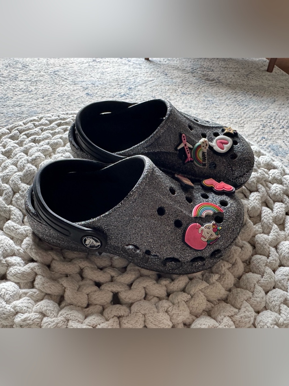 Silver Glitter Crocs with Rainbow Jibbitz